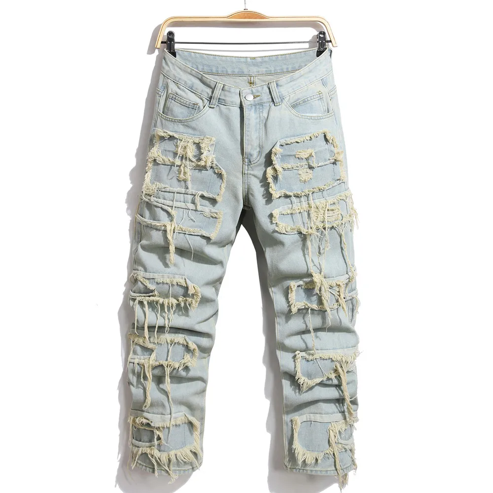 Ripped Jeans Spliced Skinny Biker White Jeans Men Stylish Ripped