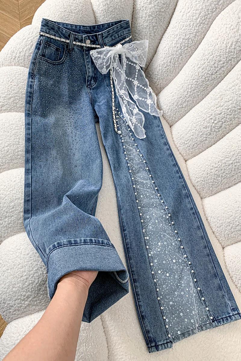 Jeans Y2K Baggy pour Femme, Printemps, avec Appliques en Dentelle, Cloutés de Cristaux, Denim Effiloché, Décorations de Perles, Coupe Évasée à Fente Haute