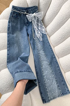 Jeans Y2K Baggy pour Femme, Printemps, avec Appliques en Dentelle, CloutĂ©s de Cristaux, Denim EffilochĂ©, DĂ©corations de Perles, Coupe ĂvasĂ©e Ă Fente Haute