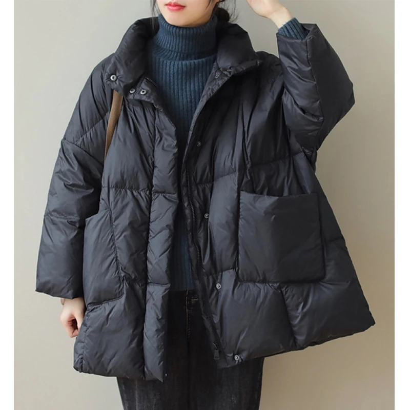 

Fashionable Women Down Jackets Winter Stand Collar Loose White Duck Down Bread Coats Thermal Solid Color Simple Overcoats