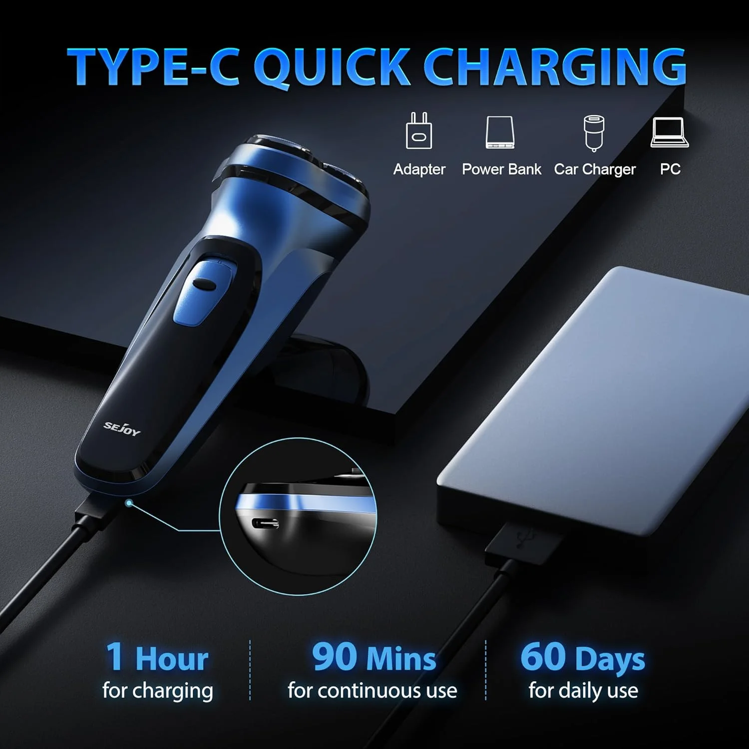 SEJOY Rechargeable Wet & Dry Use Electric Shaver Pop-up Hair Trimmer Rotary Shaving Machine Razor 2