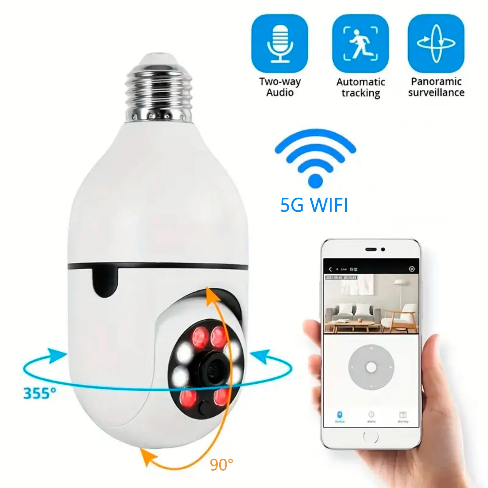 

Стандартная лампочка, 1080P стандартная камера безопасности, 5 ГГц беспроводная Wi-Fi HD камера безопасности для домашнего видеонаблюдения с винтом