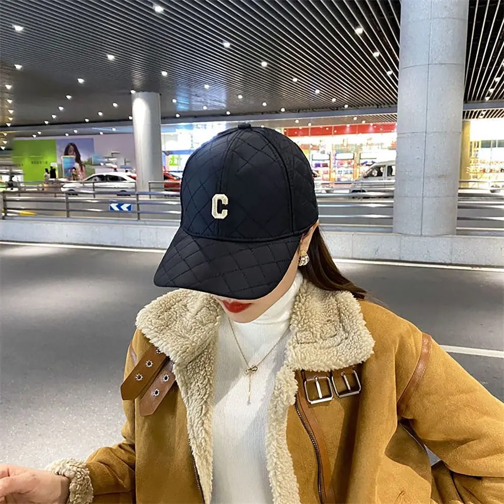 

C Embroidery Diamond Lattice Baseball Cap Down Cotton Winter Warm Hip Hop Cap Ajustable Size Snapback Hat Women Girls Maiden