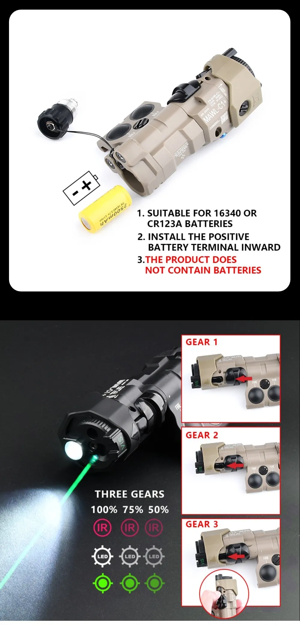 Description Picture 6 of itemWADSN New Upgraded MAWL-C1 Tactical Airsoft Nylon plastic CNC LED Aiming MAWL Red Dot Green Blue Hunting Weapon Lights IR Laser