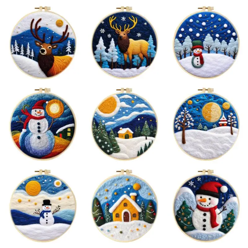 Snowman Felt Starter Kits For Adults Diy Wool Felting Painting Beginners Kit Embroidery Frame Wool Needlework Crafts