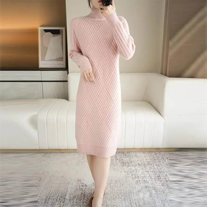 

Turtleneck Women's Dresses Solid Bodycon Knit White Clothing Pink Crochet Female Dress Autumn and Winter 90s Vintage Y 2k 2000s