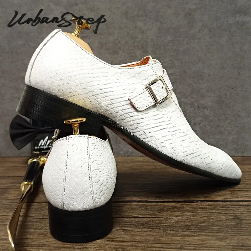 

Luxury Men Monk Strap Shoes White Black Snake Print Loafers Casual Mens Dress Shoes Wedding Office Leather Shoes For Men