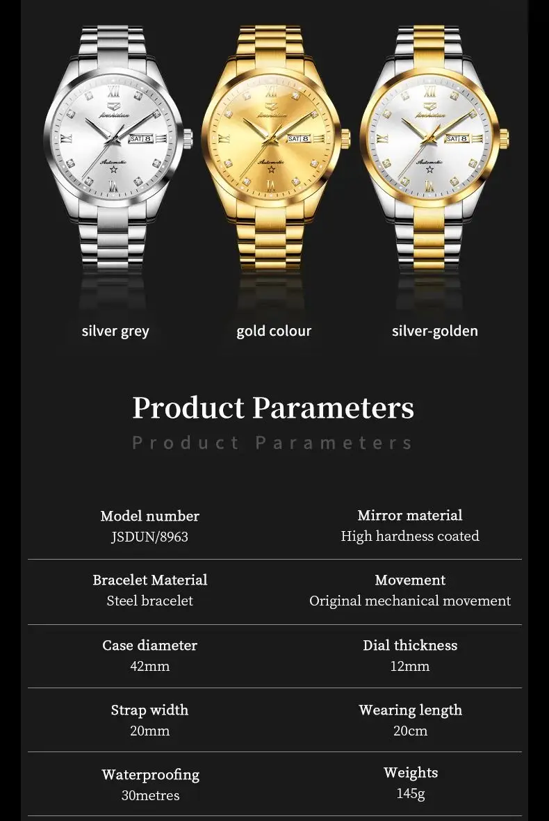 JSDUN 8963 Men's Watch Top Brand Luxury Mechanical Watch For Men Dual Calendar Business Man Wristwatch Waterproof Luminous