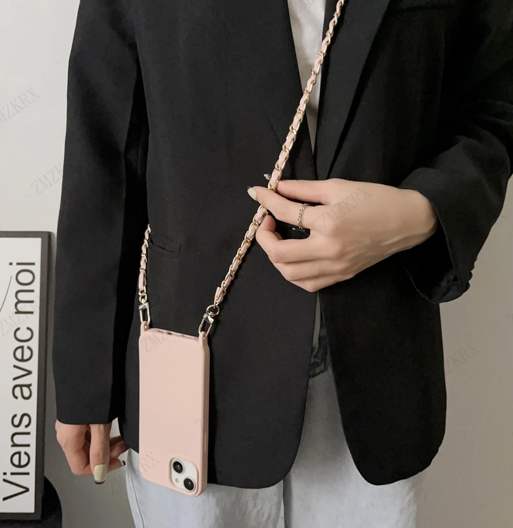 Elegant Liquid Silicone Crossbody Lanyard Case with Leather Chain Cord