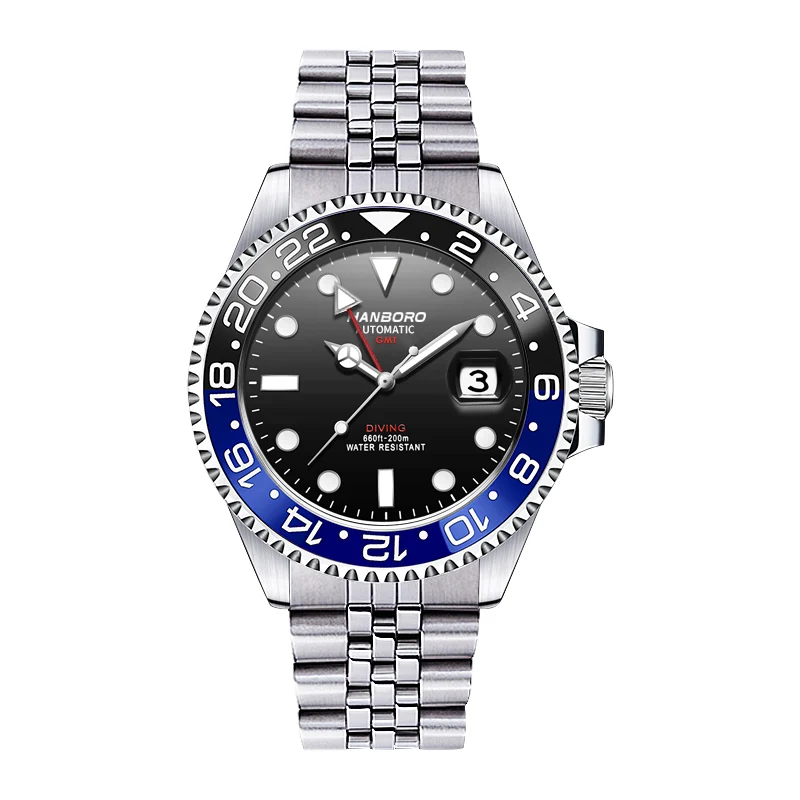 

HANBORO Men Luxury Watch 44mm GMT Automatic Watches Mechanical Wristwatch Sport 50m Waterproof Luminous Ceramic Bezel