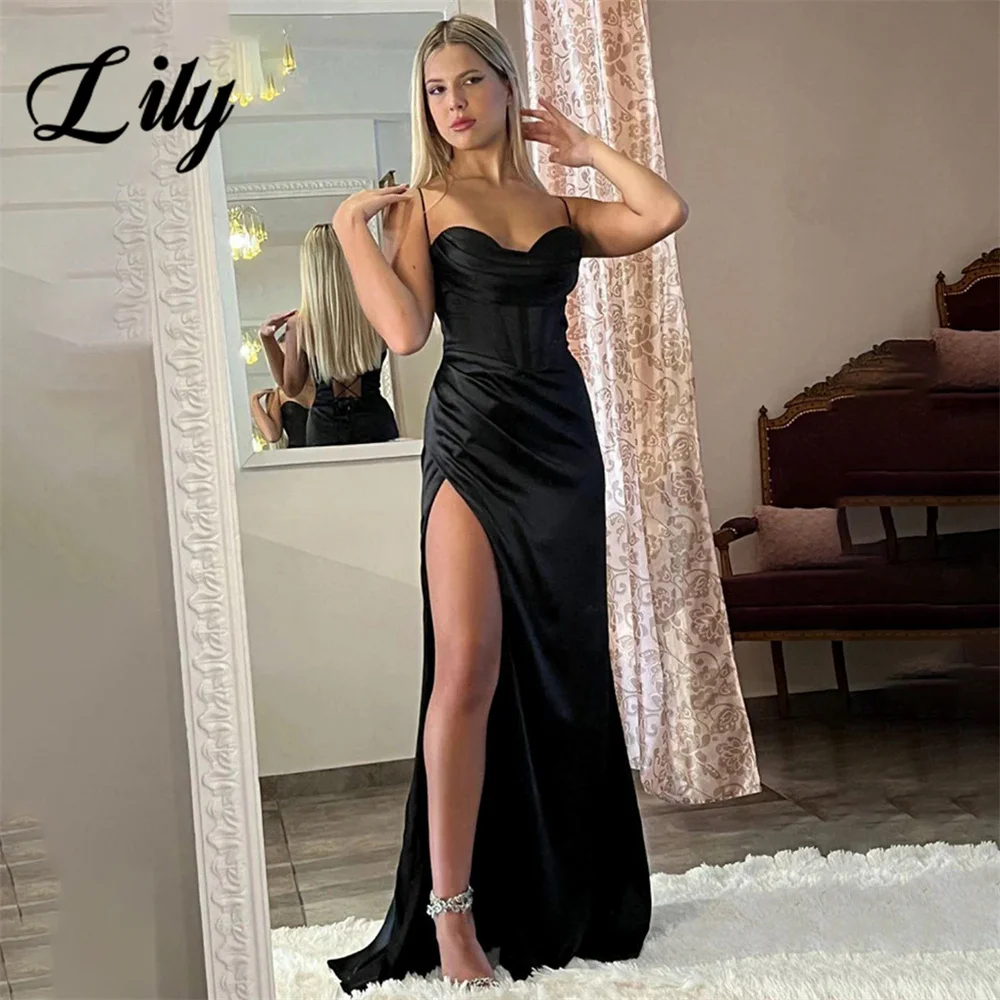 

Lily Black Evening Dresses Sweetheart Spaghetti Strap Prom Dress Pleat Satin Party Dresses with High Side Slit vestidos de noche