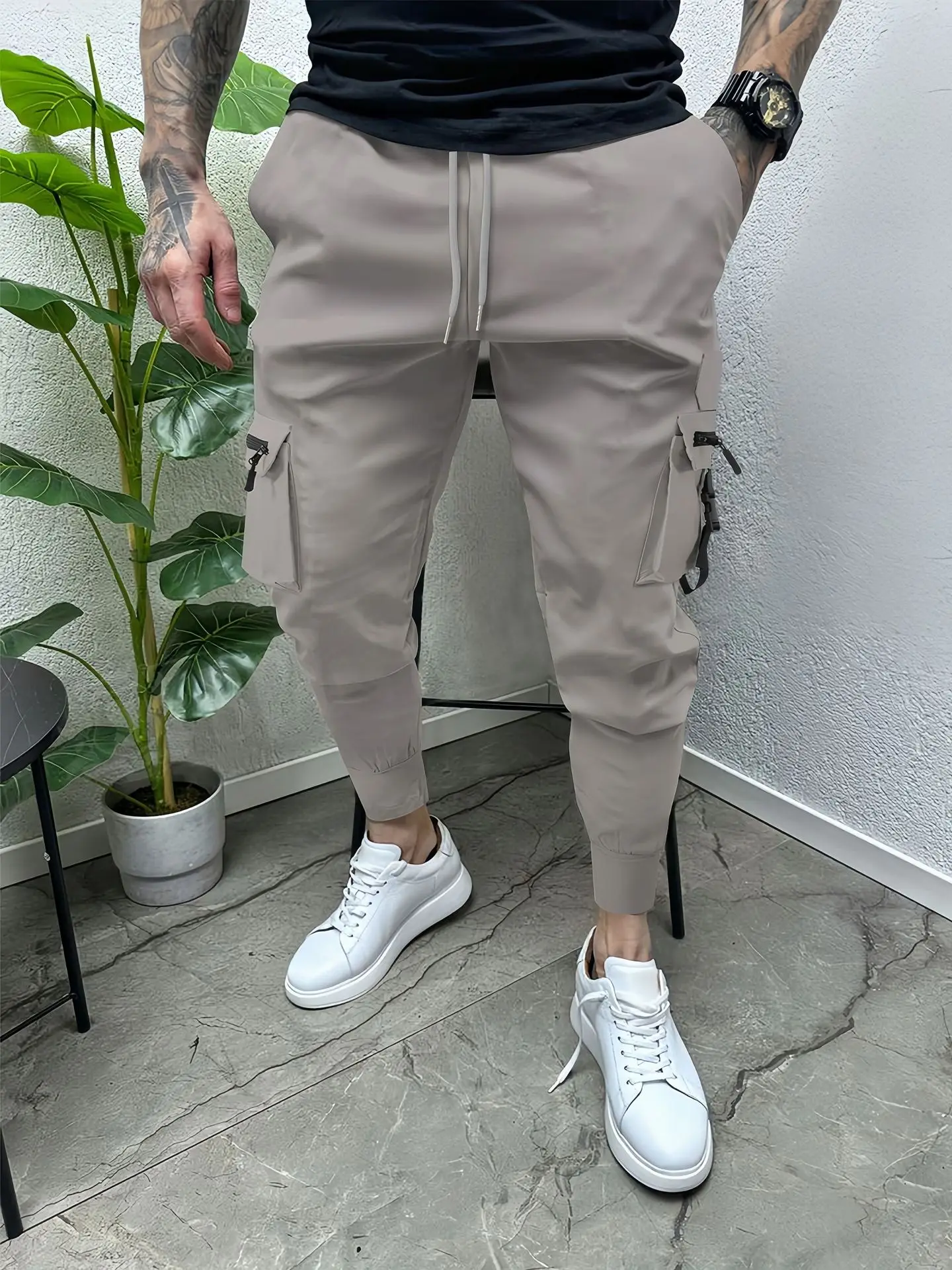 2024 European and American muscle casual multi-pocket slim small foot overalls outdoor street trend micro flick pants 4