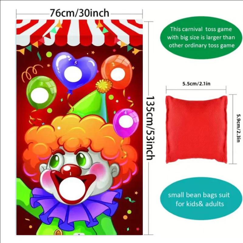 Jeu De Lancer Clown Cirque - Bannière 135x75 Cm Avec 4 Sacs De Sable, Jeu D'intérieur/extérieur Pour Enfants Et Familles