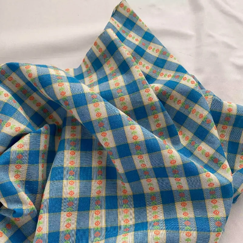 Small fresh blue and white plaid exquisite weaving and embroidery small flower polyester cotton clothing fabric DIY 145x50cm cotton fabric cotton poplin fabric