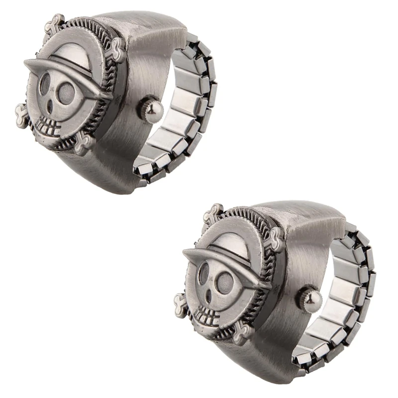 

2X Vintage Cute Skull Pirate Metal Pocket Finger Ring Watch