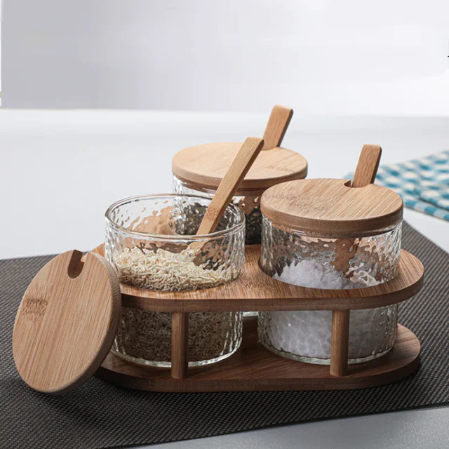 Glass Seasoning Jar Seasoning Bottle Set with Bamboo Spoon Bamboo Lid Seasoning  Jar Kitchen Supplies Glass