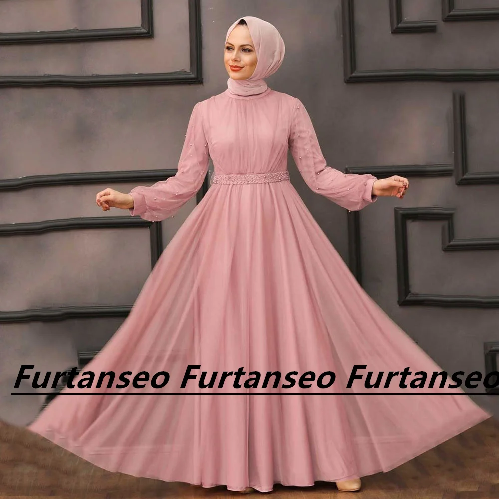 

Мусульманское Тюлевое вечернее платье с длинным рукавом и бусинами, ТРАПЕЦИЕВИДНОЕ платье с высоким воротником и поясом с бисером, женские арабские платья Дубая