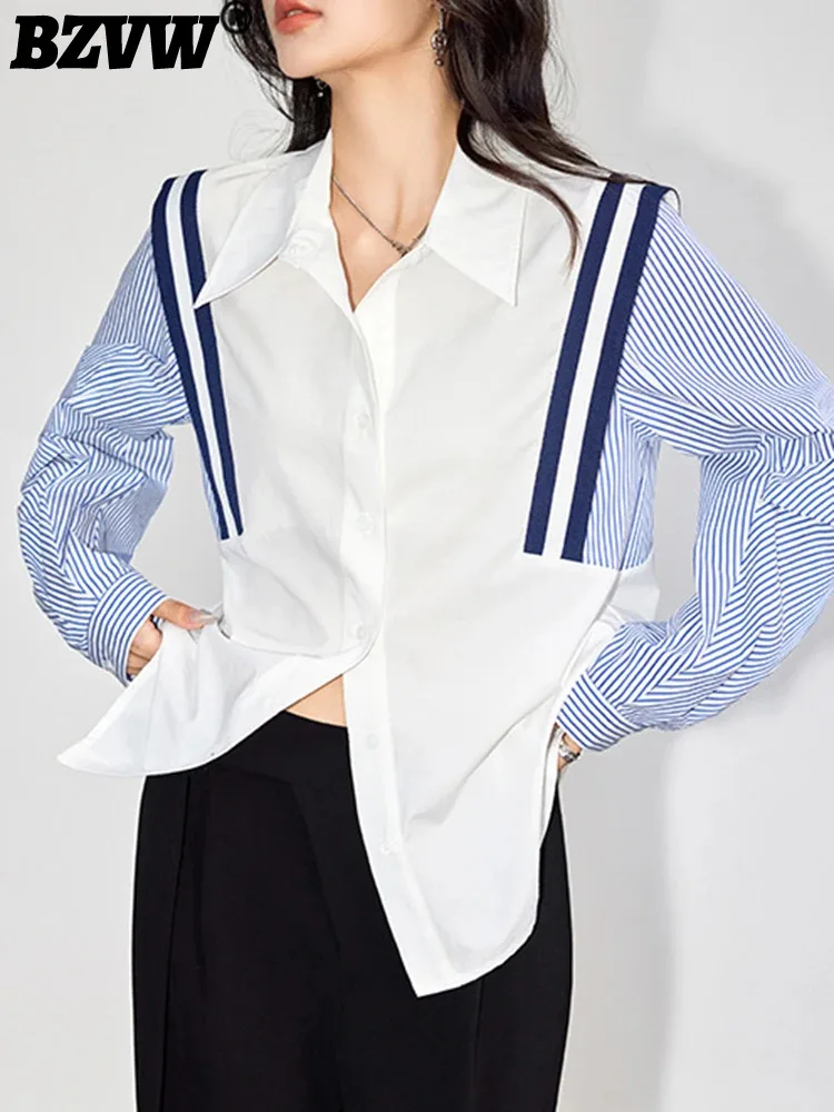 

Женская Свободная блузка BZVW в полоску, с отложным воротником и длинными рукавами, контрастные цвета, легкие рубашки, осень-лето 2024 25C0158