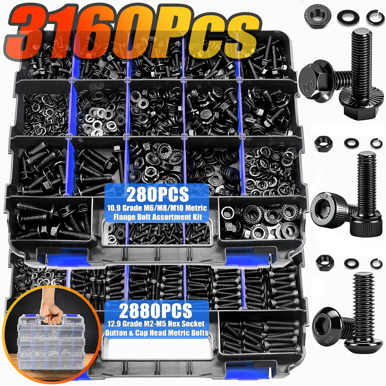 Juego de 3160 piezas de pernos de brida, tuercas y tornillos, juego de acero al carbono de grado 12.9/10.9, adecuado para reparaciones domésticas, mantenimiento de automóviles y bricolaje.