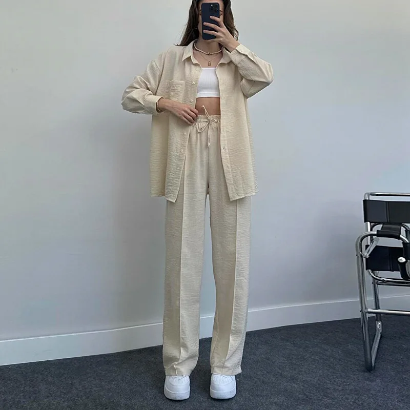 2022 Set Women's Autumn and Winter Long sleeved Shirt with Folded Elastic Waist Pants Elegant Solid Color Two Piece Set New