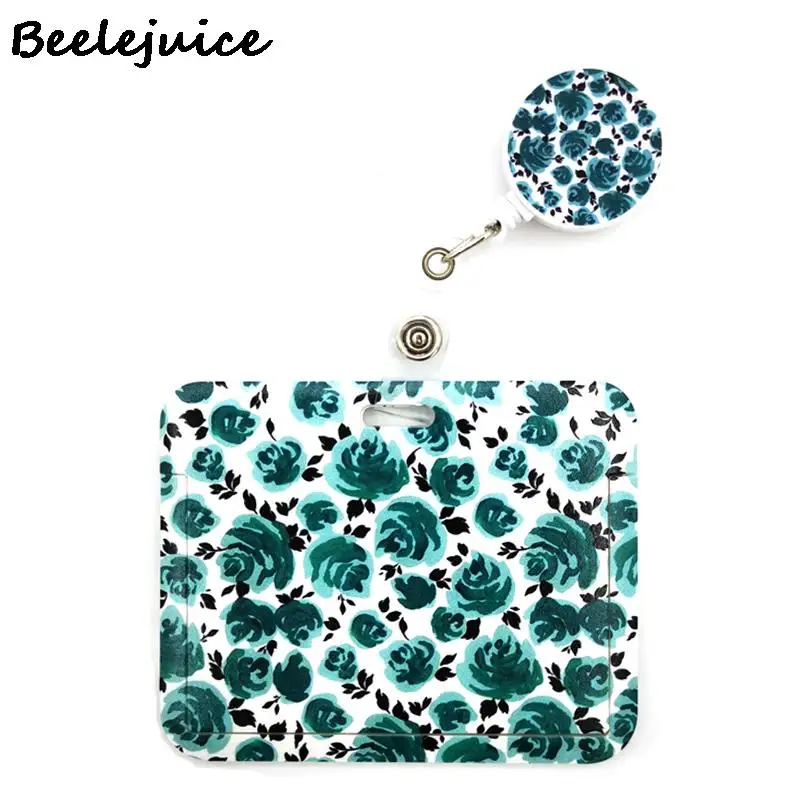 Elegant Blue Floral Badge Holder with Lanyard and Card Case