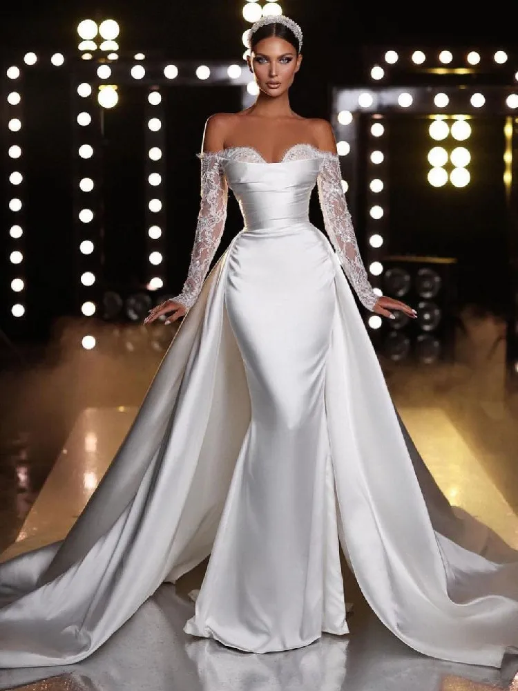 

Элегантное свадебное платье-Русалка с длинным рукавом, V-образным вырезом, блестками, открытыми плечами, аппликацией и сатиновым шлейфом, свадебные платья на заказ