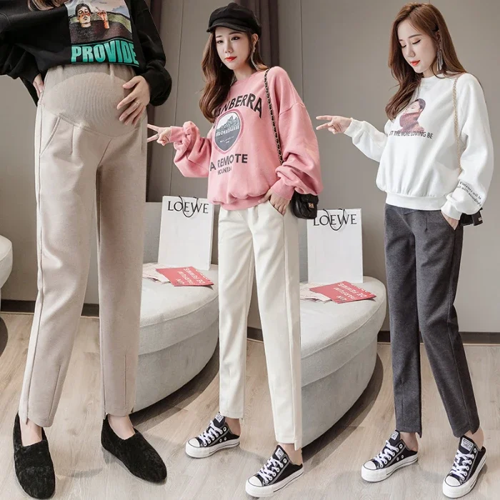 703# Autumn Winter Woolen Maternity Straight Pants Elastic Waist Belly Clothes for Pregnant Women Pregnancy Casual Trousers plus size 5xl middle aged elderly women trousers new elastic high waist casual pants embroidery autumn winter straight pants 238