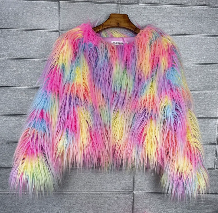 Colorful Pink Faux Fur Women's Coat - Shaggy Lamb Wool Winter Jacket