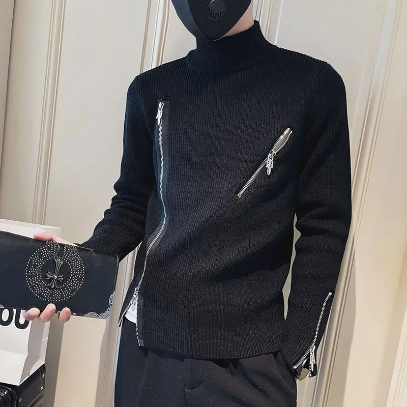 Autumn Winter KPOP Fashion Style Harajuku Slim Fit Undershirt Loose All Match Casual Knitwear Insert Zipper Long Sleeve Sweaters