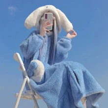 Cute Cartoon Hooded Dog Ears Women's Pajamas Buckle Nightgown Blue Bowknot Heart-shaped Pocket Winter Keep Warm Miss Tracksuit
