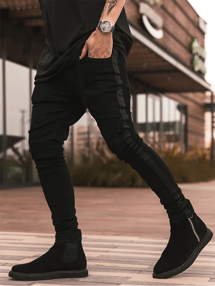 New Design Vintage Men Fashion Slim Fit Jeans Pants Black Side Stripe Denim Trousers Men Hip Hop Streetwear Jeans Size 32 34