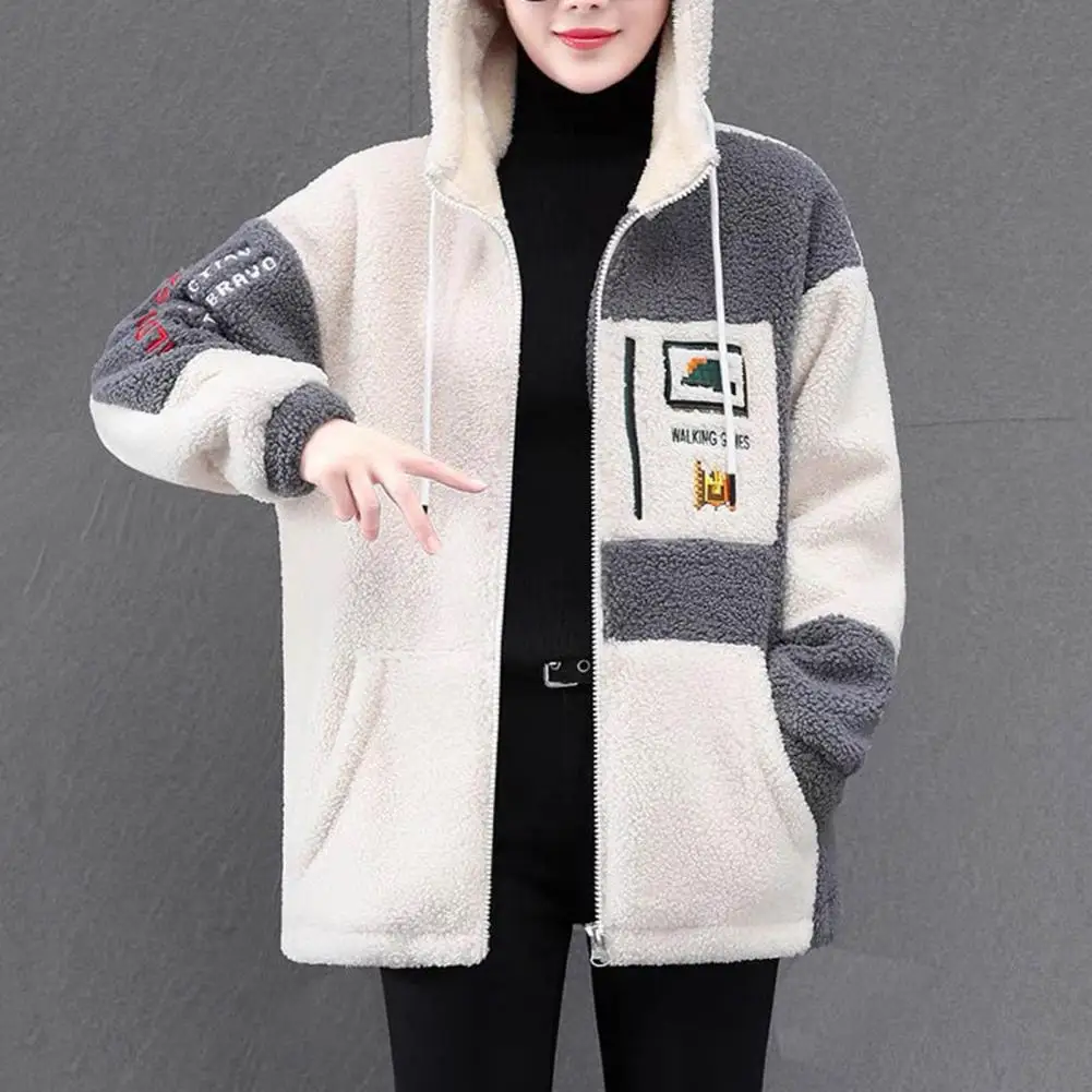 

Women Lightweight Jacket Colorblock Plush Hooded Jacket with Embroidery Detail for Women Cozy Zipper Closure Coat for Fall