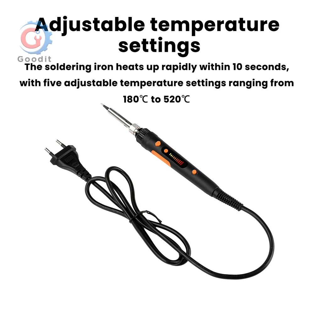 Fer à souder professionnel 80-150W en action, soudure sur une carte électronique, fumée légère, éclairage focalisé.