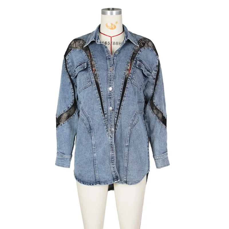 Lace Patchwork Denim Jacket for Women 2023 Autumn Long Sleeve Turn-down Collar Single Breasted Oversize Shirt Streetwear
