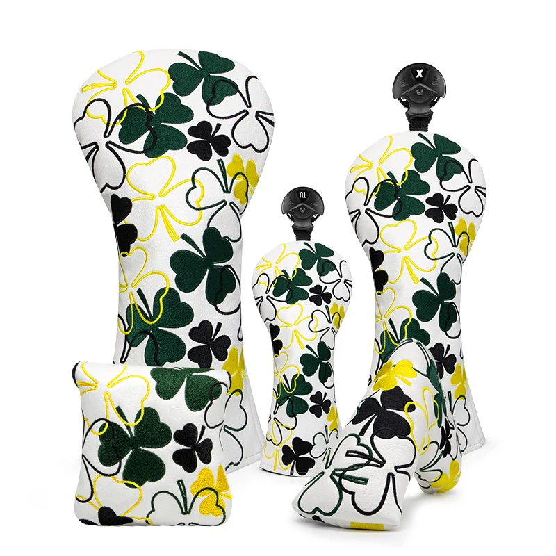 

Golf Club Headcovers Lucky Clover White Leather Head Covers Set Golf Club Headcovers for Driver Fairway Hybrid Wood Number Tags