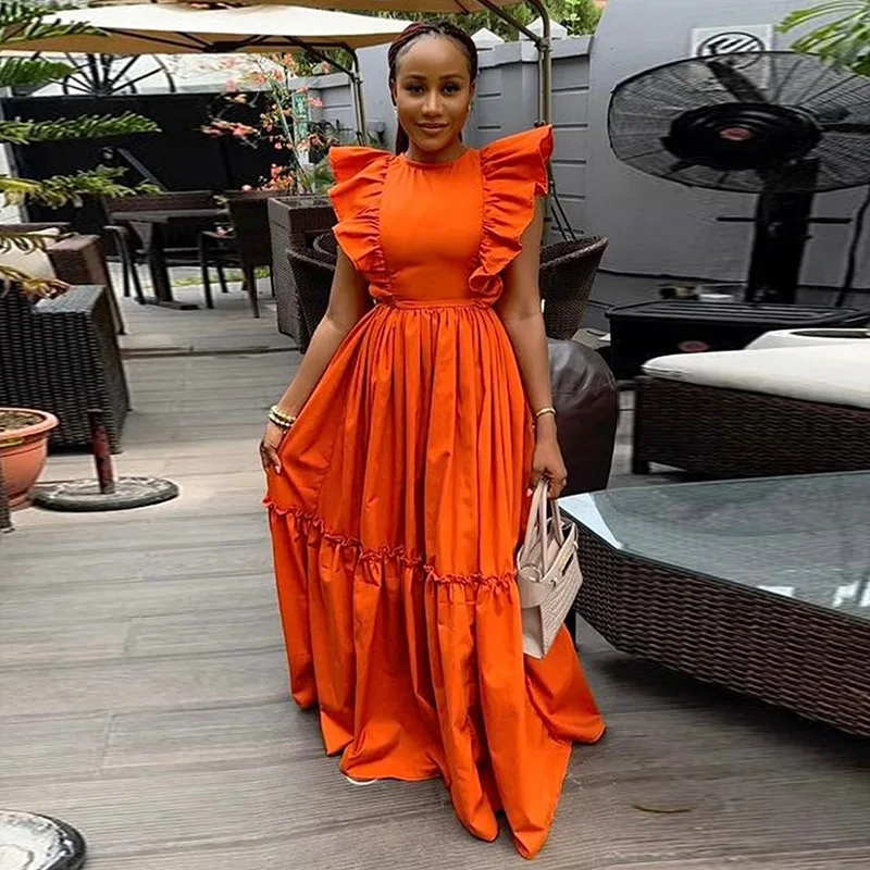 

Women's 2024 summer new temperament ruffled short sleeve round neck waist long swing dress
