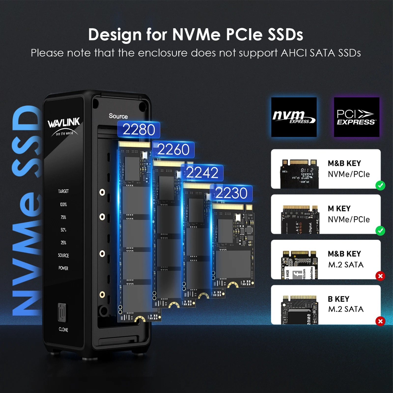 WAVLINK 40Gbps M.2 USB4 PCIe NVMe 듀얼 SSD 인클로저 M-Key/(B+M) 키 솔리드 스테이트 드라이브 외장 케이스 UASP 트림 오프라인 클론