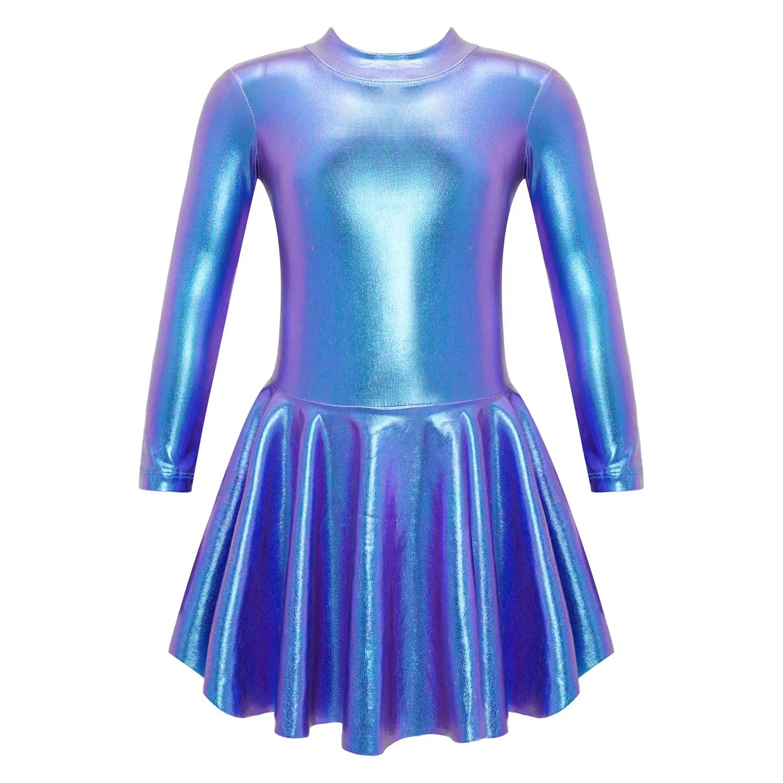 

Girls Kids Shiny Metallic Mock Neck Figure Ice Skating Dress Ballerina Long Sleeves Ballet Gymnastic Leotard Performance Costume