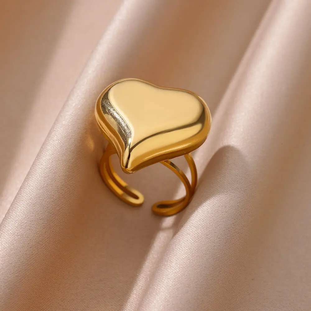 Chunky Heart Stainless Steel Open Rings For Women