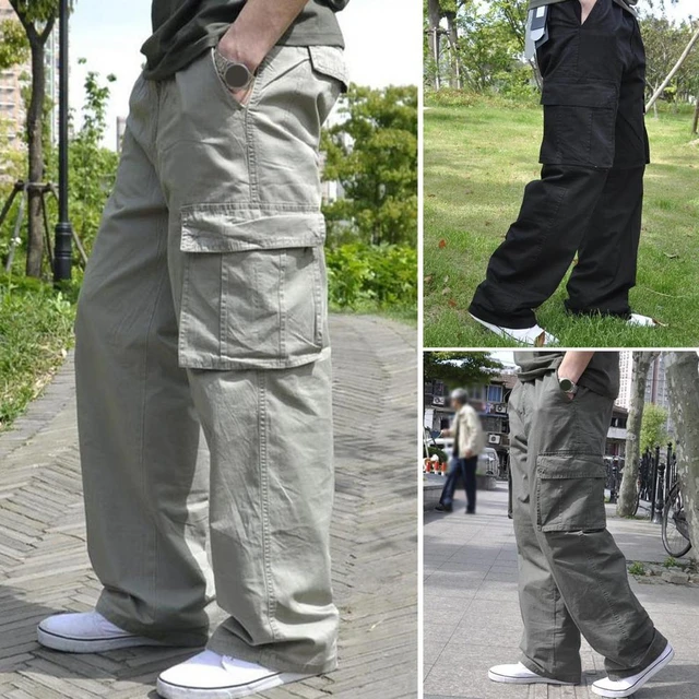 Solid Color Pants Streetwear Men's Cargo Pants Loose Fit Multi-pocket  Design Elastic Waist Stylish Functional Trousers Men _ - AliExpress Mobile