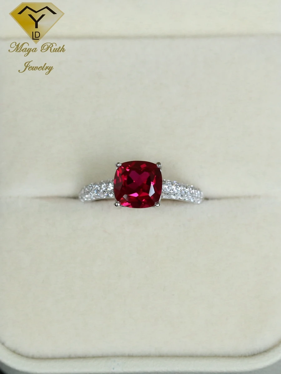 Lab Created Ruby Square Halo Ring Real 925 Sterling Silver