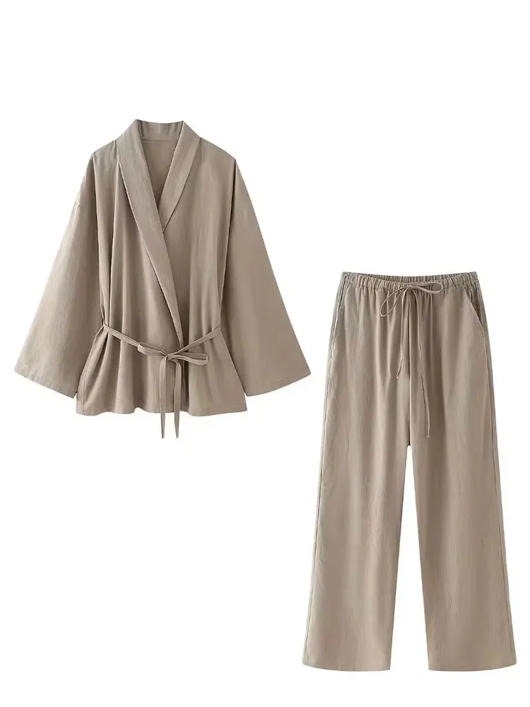 HH Women Loose Wide Leg Pant Set Fashion Lapel V Neck Long Sleeve Thin Blazer Coat With Belt 2024 Summer Ladies Solid Suit