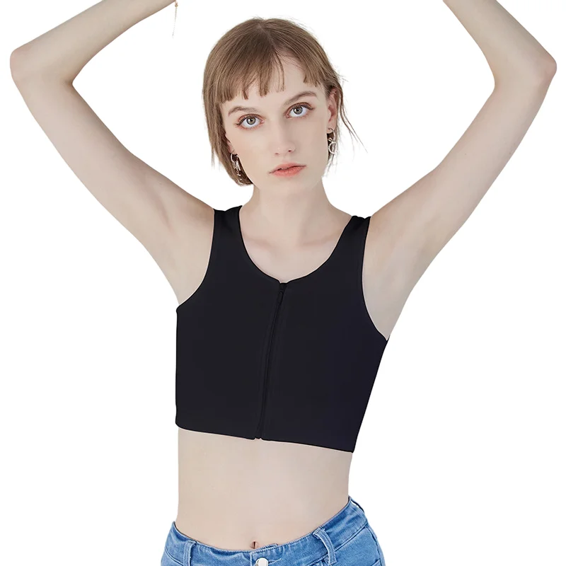 HaleyChan Summer Women's Half Length Chest Binder Bamboo Charcoal Mesh Front Zip Up Crop Top for Tomboy Trans Lesbian Corset