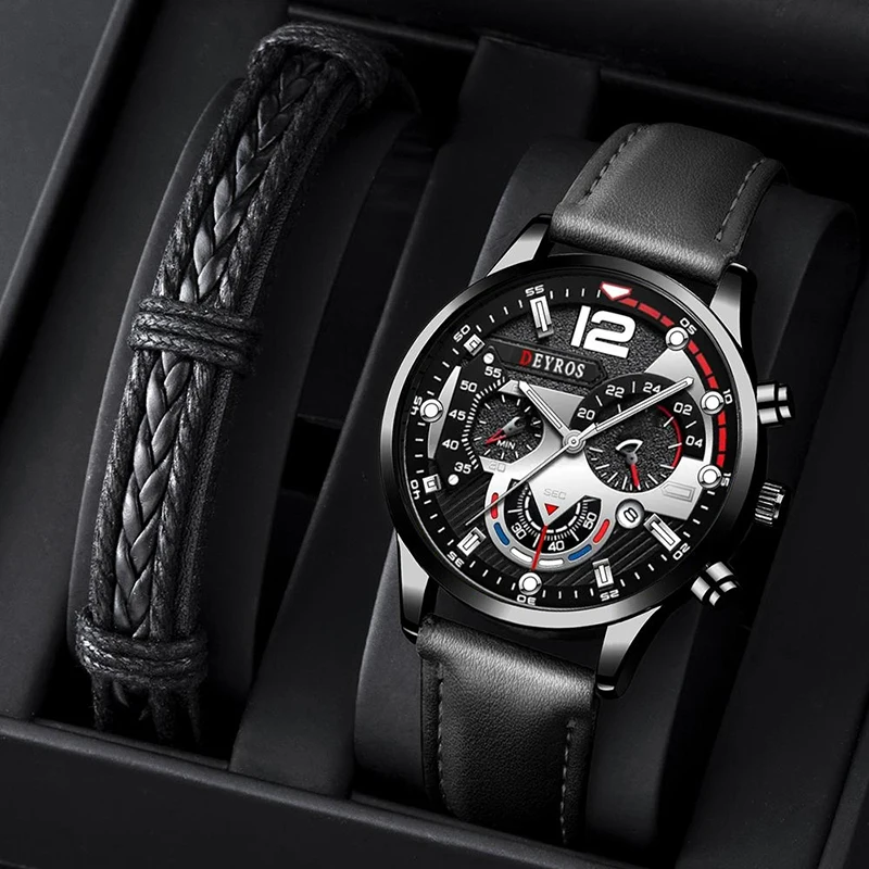 Fashion Men Leather belt Quartz Watches Round Dial Casual Calendar Bracelet Wristwatch Luminous Clock