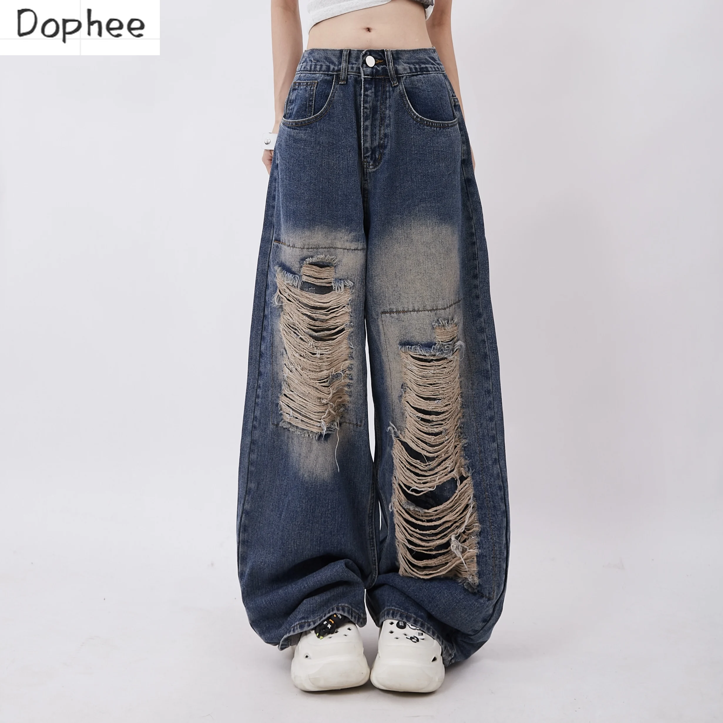 dophee-autumn-women-denim-trousers-dopamine-vintage-hole-all-match-straight-pants-loose-casual-wide-leg-blue-jeans