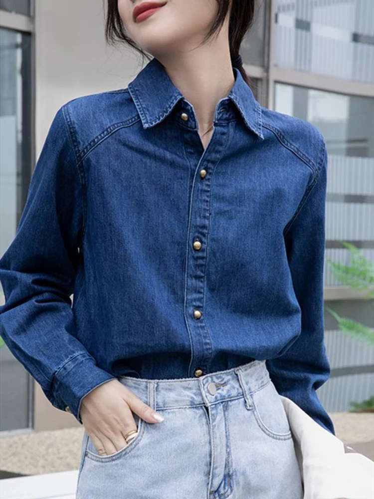 

2023 Spring Korean New Loose Blue Denim Shirt Casual Vintage Sweet Basics