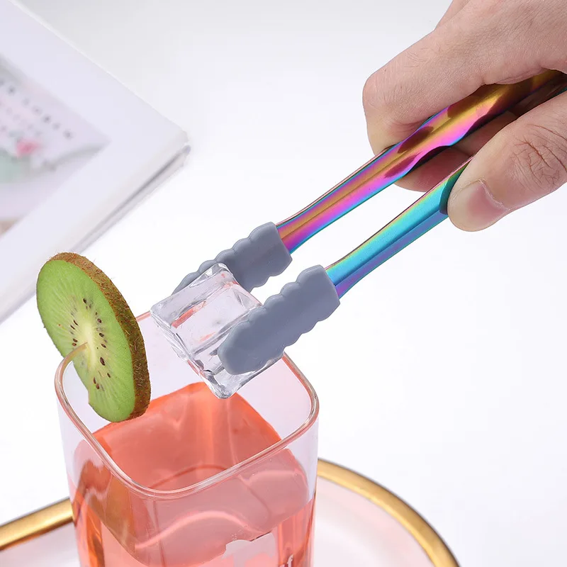 Silicone Head Stainless Steel Food Ice Cube Clip Non-Slip Mini Sugar Dessert Clamp Barbecue Bread Tongs Coffee Bar Utensils