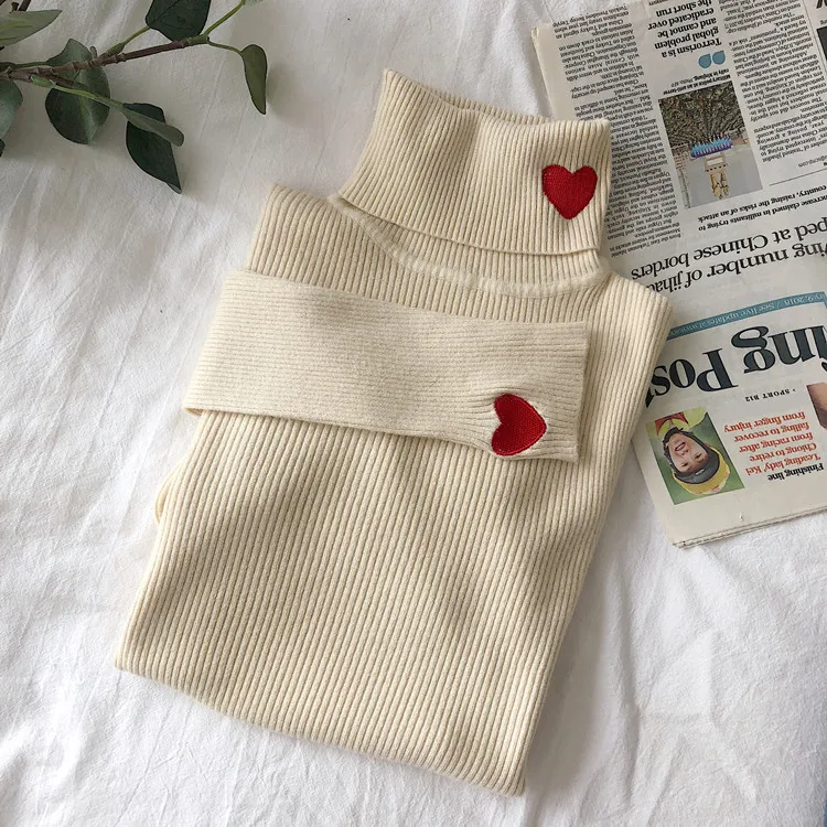 turtleneck sweater 2022 Knitted Women Sweater Ribbed Pullovers Heart Embroidery Turtleneck Autumn Winter Basic Women Sweaters Fit Soft Warm Tops black sweater