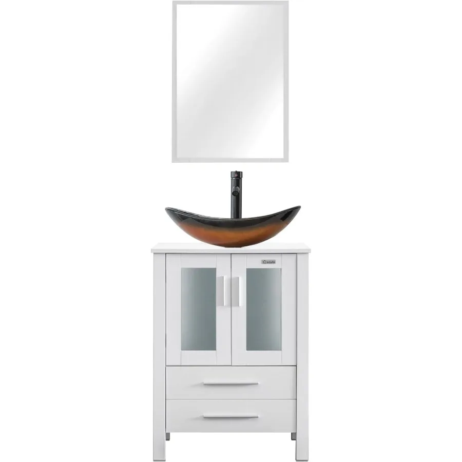 24" Modern Bathroom Vanities Sink Combo White Stand Cabinet with White Rectangle Ceramic Vessel Sink & Water Save Faucet 6