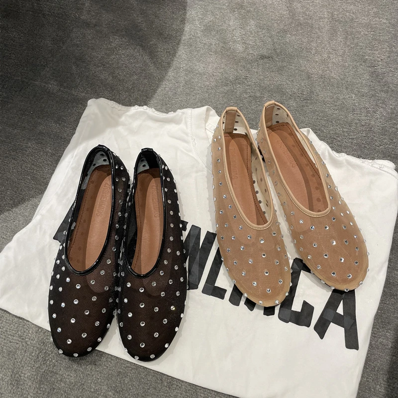 Mesh Breathable Rhinestone Women Shoes Sheepskin Insole Round Toe Ladies Ballet Dancing Shoes Soft Zapatos Mujer 2024 Tendencia